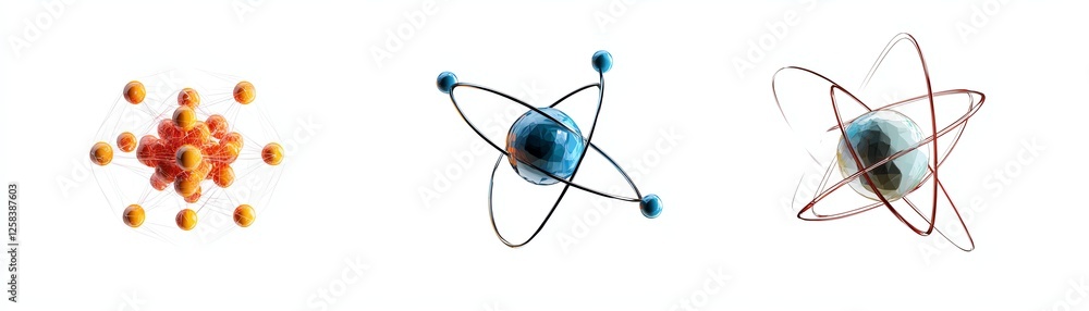 Colorful atom models, isolated on a white background, showcasing atomic structure. Colorful atom models, isolated on a white background, showcasing atomic structure.