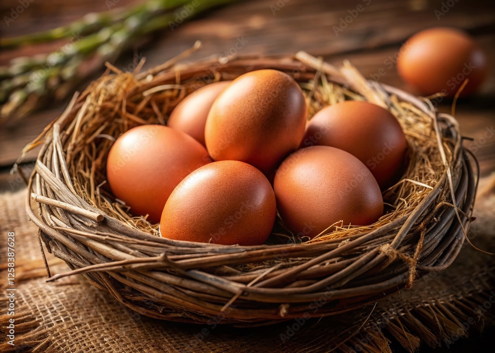 Rustic Close-Up of Fresh Farm Eggs in a Bird's Nest Rustic Close-Up of Fresh Farm Eggs in a Bird's Nest