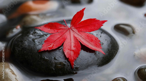 A red leaf delicately rests on a dark stone, surrounded by flowing water, capturing the essence of autumn. AI generative photo