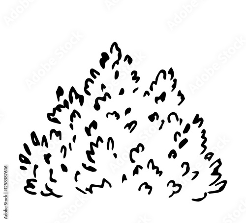 Simple hand drawn vector illustration with black outline. Deciduous bush, trees and plants. Nature, forest vegetation.