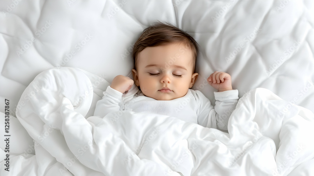 Cute baby boy sleeping peacefully covered with a blanket on a white soft bed in a bright bedroom Cute baby boy sleeping peacefully covered with a blanket on a white soft bed in a bright bedroom