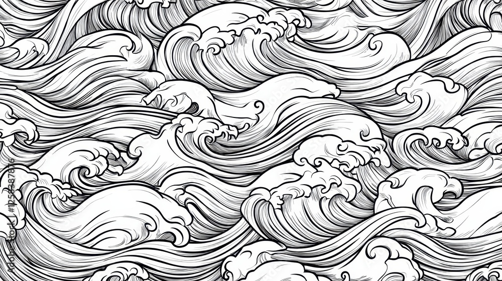 Detailed black and white ocean waves seamless patterned artwork Detailed black and white ocean waves seamless patterned artwork