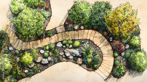 Landscaped Garden with Curved Walkway and Desert Plants