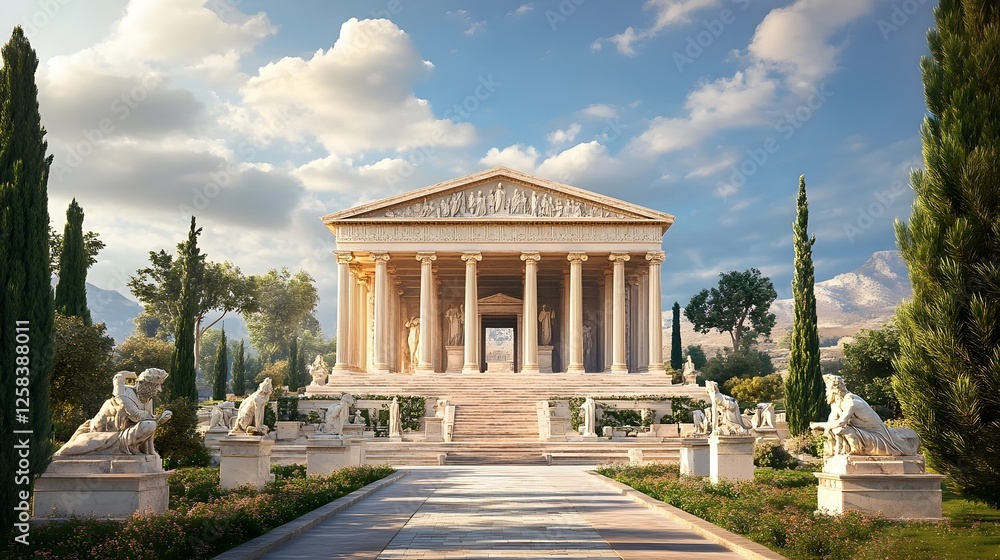 Obraz premium Majestic Ancient Greek Temple in Serene Garden Setting