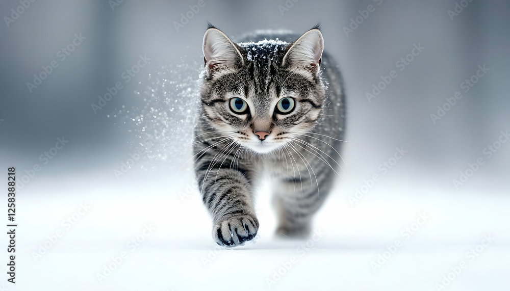 Cute striped tabby cat walks in fresh snow, eyes locked on the camera. Outdoors in winter Cute striped tabby cat walks in fresh snow, eyes locked on the camera. Outdoors in winter