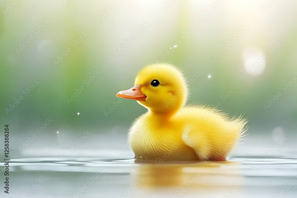 Cute yellow duckling swims on water; nature background. Stock image for animal or environment material Cute yellow duckling swims on water; nature background. Stock image for animal or environment material