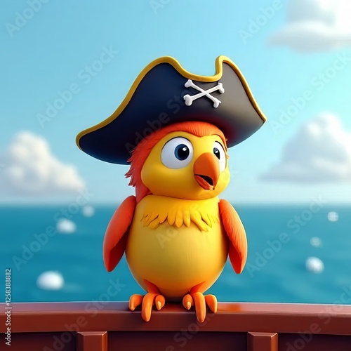 Playful Pirate Parrot Wearing a Captain���s Hat on  photo