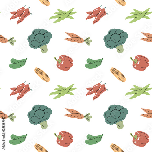 Seamless pattern of vegetables. Healthy eating and diet. Natural vegetarian product. Farm harvest. Cooking ingredient. Design for decoration, print and background. Flat vector illustration