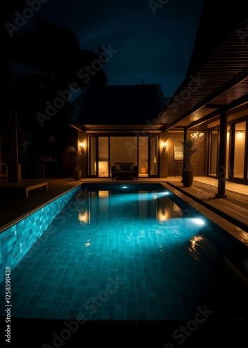 Obraz na płótnie Swimming pool at the bamboo house on the island of bali bamboo house background beautiful bamboo asian seaport baltic sea antebellum w salonie