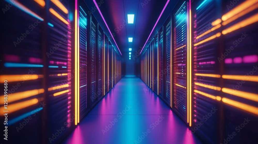 Futuristic data center corridor illuminated by vibrant neon light, showcasing advanced technology Futuristic data center corridor illuminated by vibrant neon light, showcasing advanced technology