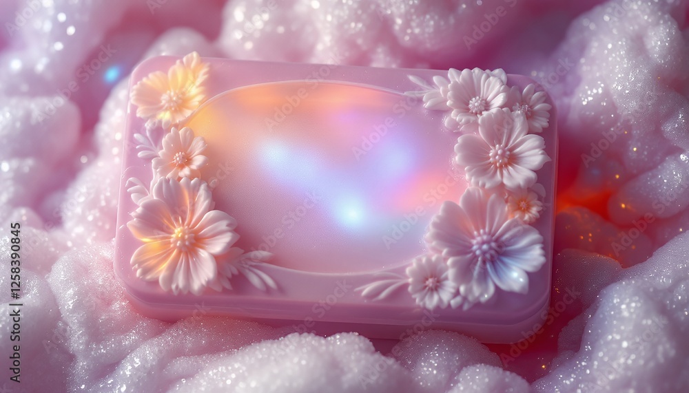 Pink Soap with Flower Decoration on a Bed of Bubbly Foam Pink Soap with Flower Decoration on a Bed of Bubbly Foam