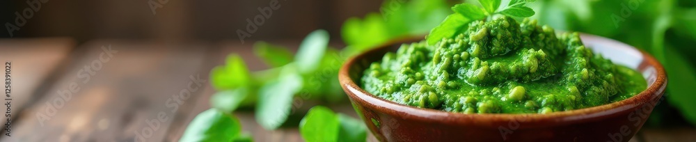 Vibrant green arugula pesto in rustic ceramic bowl, fresh, rustic Vibrant green arugula pesto in rustic ceramic bowl, fresh, rustic