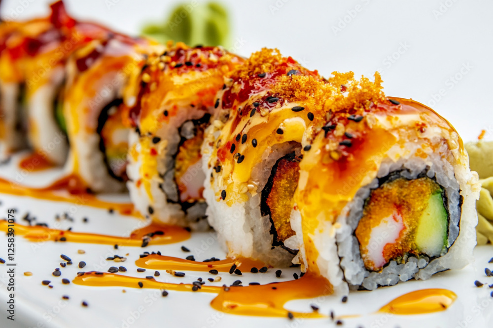 A close up of a plate of sushi with a piece cut out A close up of a plate of sushi with a piece cut out