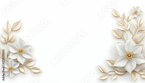 Elegant white and gold flower arrangement with detailed leaves on white, for cards & backgrounds