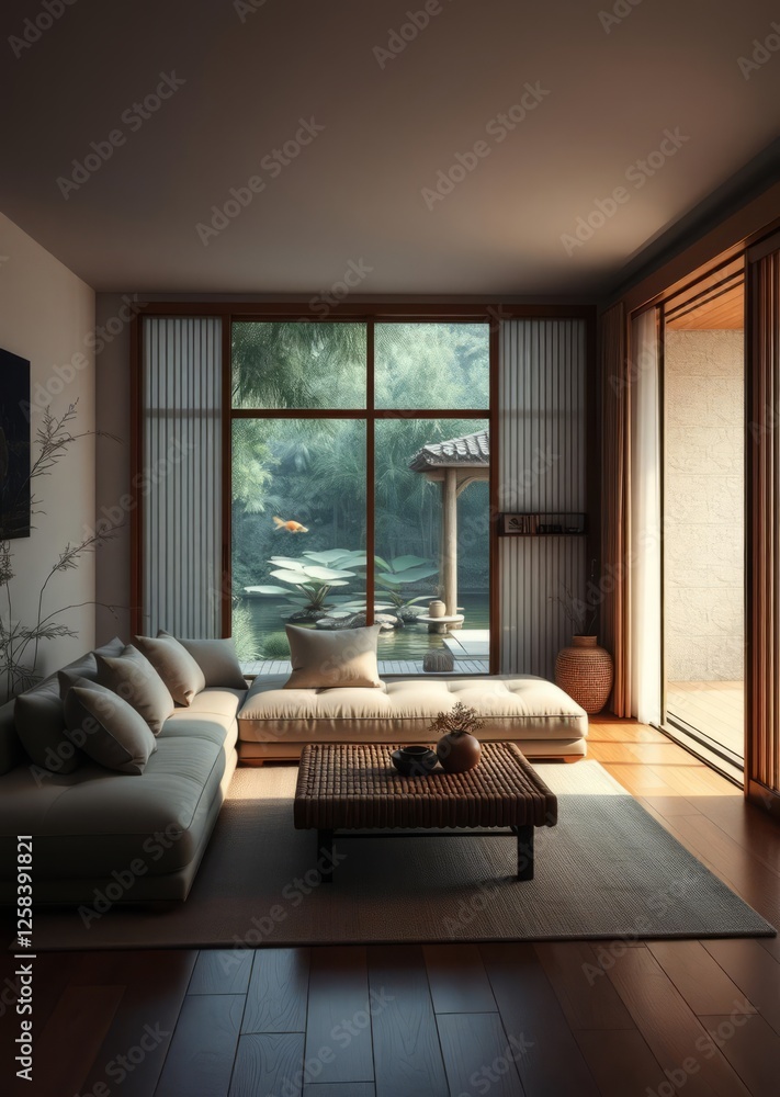 Zen-inspired living room with a low plush sofa bamboo coffee table and wall-to-wall windows with a tranquil koi pond view bamboo house background beautiful bamboo asian seaport baltic sea antebellum