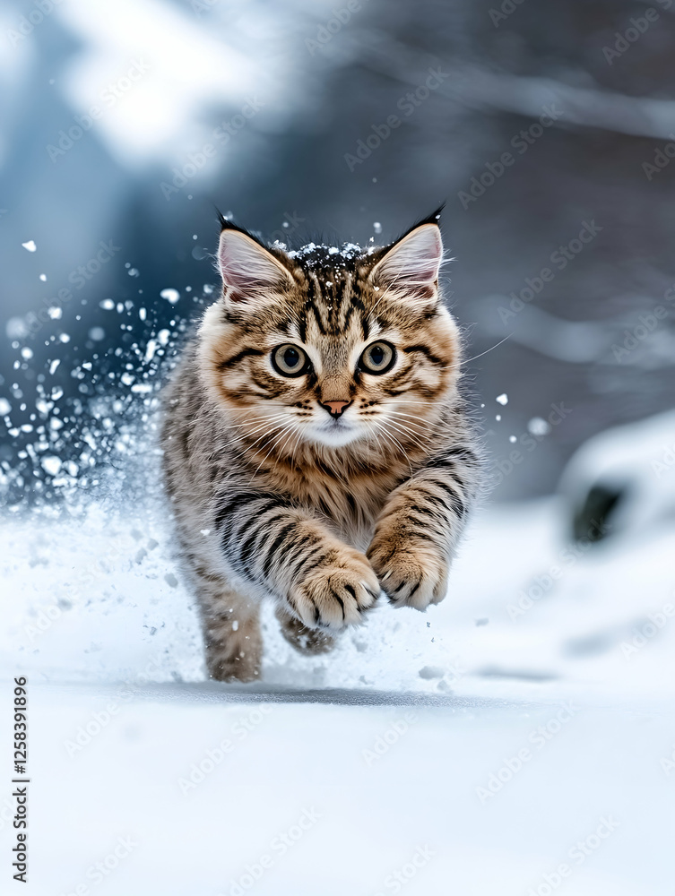 Energetic kitten running through snowy field in winter; background is blurred. For pet store ad Energetic kitten running through snowy field in winter; background is blurred. For pet store ad
