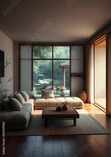 Obraz na płótnie Zen-inspired living room with a low plush sofa bamboo coffee table and wall-to-wall windows with a tranquil koi pond view bamboo house background beautiful bamboo asian seaport baltic sea antebellum w salonie