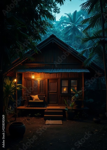 Obraz na płótnie Cozy traditional bamboo bungalow by lush jungle natural living bamboo house background beautiful bamboo asian seaport baltic sea antebellum w salonie