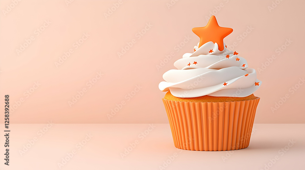 Festive cupcake with a star topper on a table against a pale background. For birthday promotions Festive cupcake with a star topper on a table against a pale background. For birthday promotions