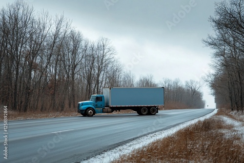 Wallpaper Mural Blue semi-truck driving on a winter road through a forest. Torontodigital.ca