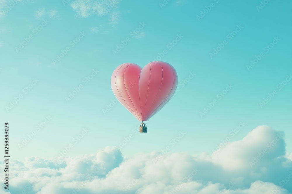 Obraz premium Pink Heart Shaped Hot Air Balloon Floating Above Clouds