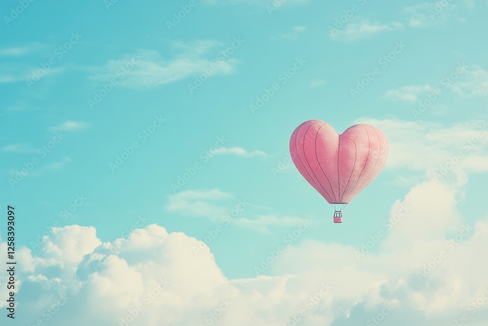 Fototapeta premium Pink Heart Shaped Hot Air Balloon Floating in a Light Blue Sky with Fluffy White Clouds