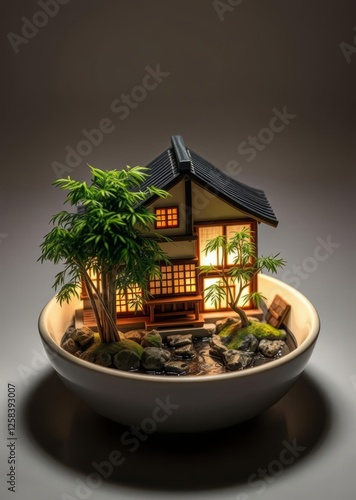 Obraz na płótnie Japanese vintage house resin art miniature design japan miniature asian home building with nature river bamboo tree in the white bowl isolated in white background bamboo house background beautiful bam w salonie