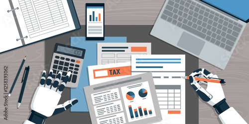Accountant AI robot checking financial reports on the office desk, business management and AI in accounting concept