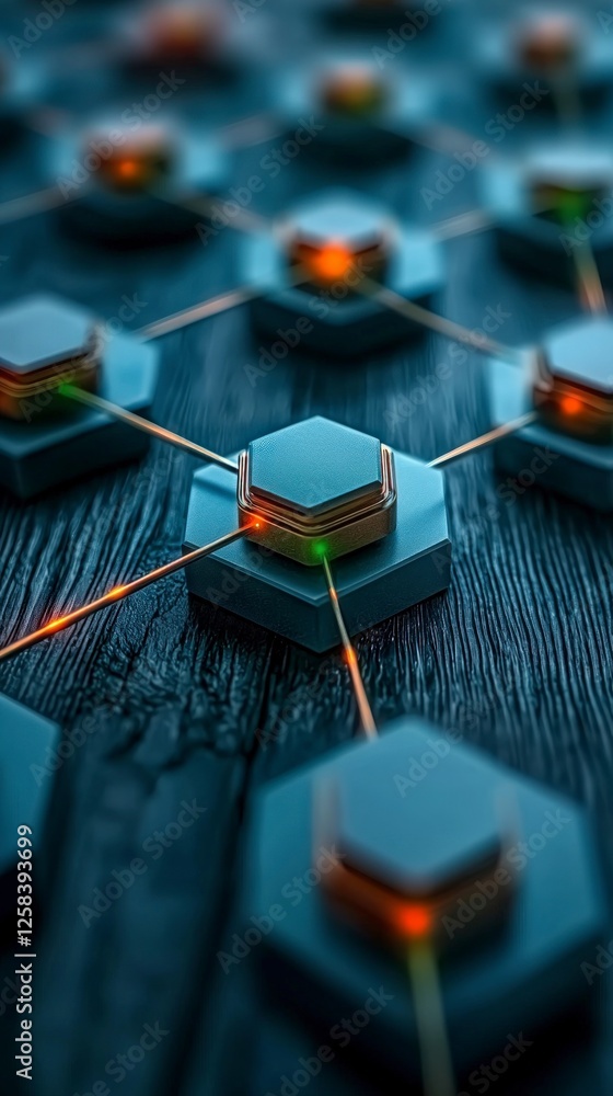 Abstract Network of Glowing Hexagons on Dark Wooden Background Abstract Network of Glowing Hexagons on Dark Wooden Background