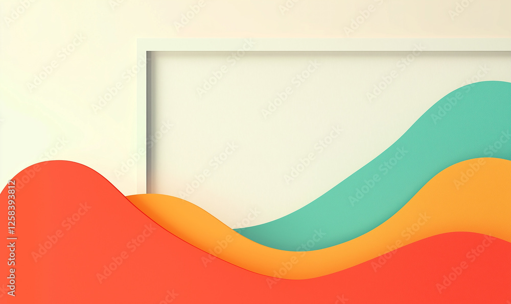Abstract design featuring vibrant waves of color in orange, teal, and cream with a decorative frame. Abstract design featuring vibrant waves of color in orange, teal, and cream with a decorative frame.