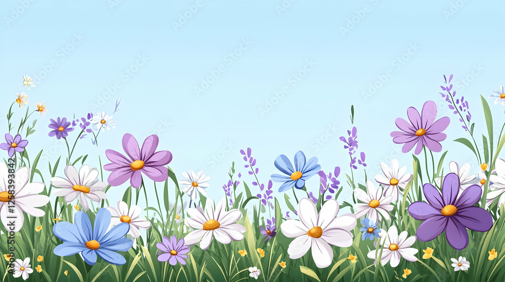 Flower field. Daisies and lavenders in a meadow with blue sky. Background image for spring and summer Flower field. Daisies and lavenders in a meadow with blue sky. Background image for spring and summer