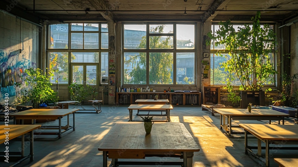 Sunlit industrial loft space with large windows, tables, plants, and graffiti. Sunlit industrial loft space with large windows, tables, plants, and graffiti.