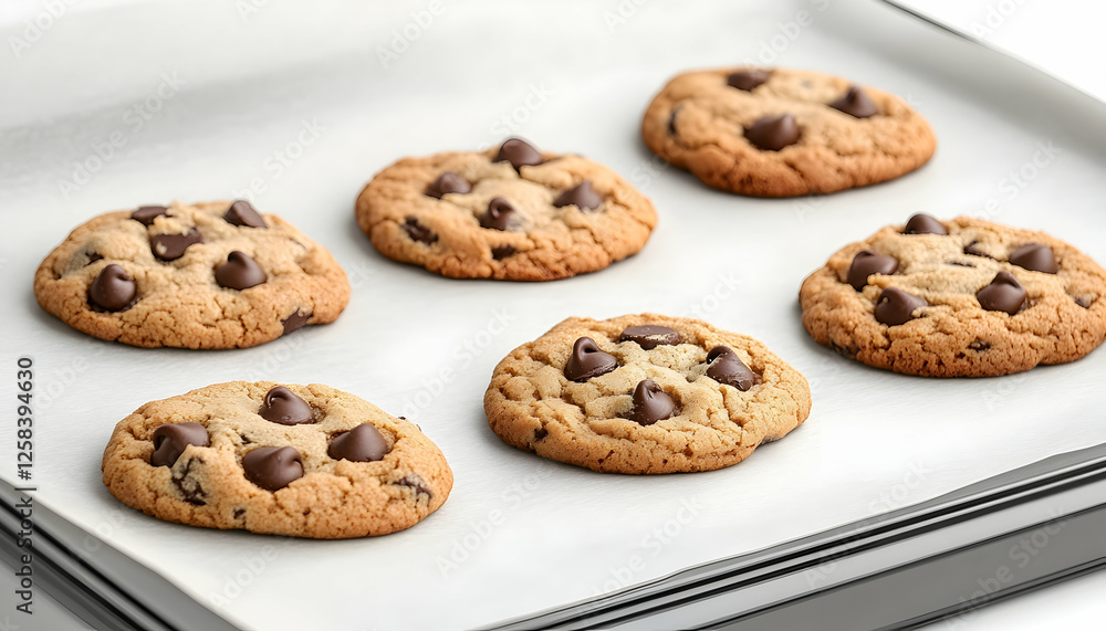 Fresh baked chocolate chip cookies on a sheet pan, ready to serve for snack time Fresh baked chocolate chip cookies on a sheet pan, ready to serve for snack time