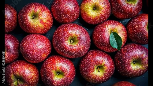 A vibrant arrangement of fresh red apples with a green leaf on a dark background, perfect for healthy living themes