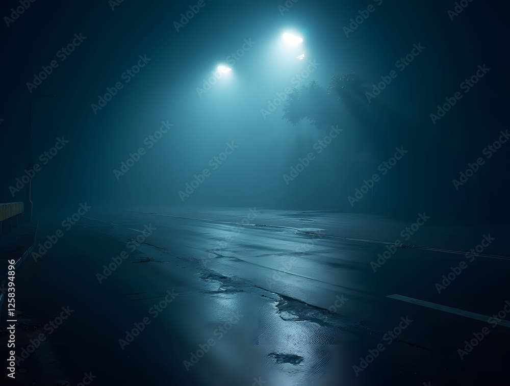 Obraz premium Dark street, wet asphalt, reflections of rays in the water. Abstract dark blue background, smoke, smog. Empty dark scene, neon light, spotlights. Concrete floor