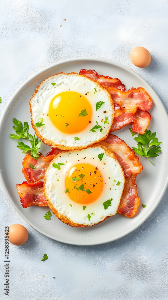 Fried eggs and bacon for breakfast, served on plate. Food photography or ad Fried eggs and bacon for breakfast, served on plate. Food photography or ad