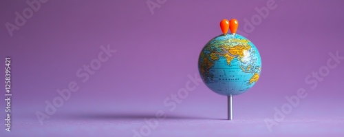 A globe with travel pins placed on it, set against a purple background, representing tourism destinations and travel opportunities, with copy space for promotional content