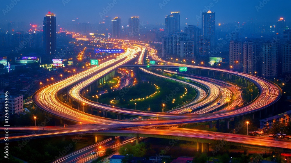 Obraz premium Night cityscape with illuminated highway overpass and city skyline.