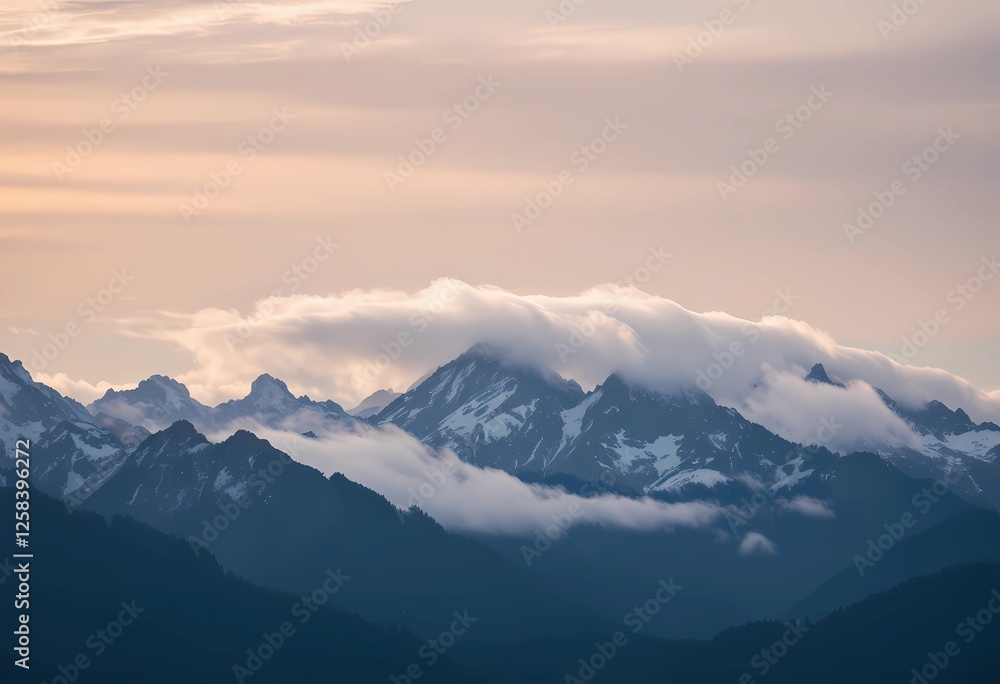 Obraz premium Majestic Mountain Peaks Enveloped in Clouds at Sunset