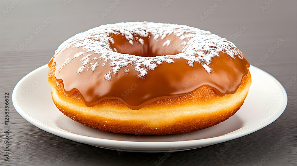 Glazed donut sprinkled with powdered sugar on a plate against a neutral background for pastry advertisement Glazed donut sprinkled with powdered sugar on a plate against a neutral background for pastry advertisement
