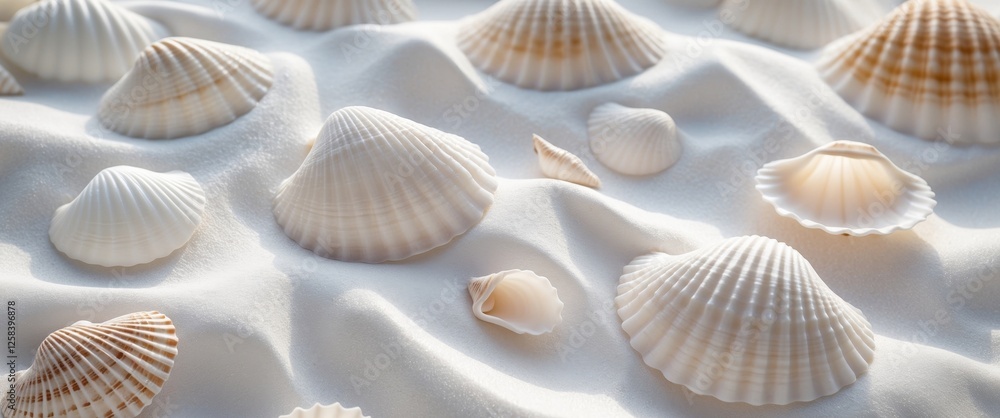 Variety of white seashells arranged on white sand creating a beautiful beach themed background. Variety of white seashells arranged on white sand creating a beautiful beach themed background.