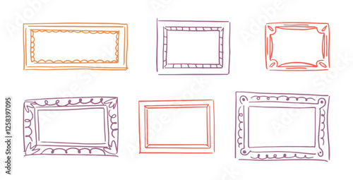 Horizontal frames with scribble and decorative ornaments. Vector isolated hand drawn doodle rectangular borders with decor and copy space. Empty social media or logotype templates, album cells