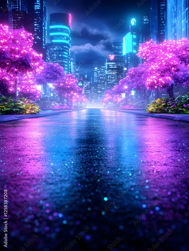 Glowing trees line a wet city street at night, reflecting neon lights. Tourism promotion Glowing trees line a wet city street at night, reflecting neon lights. Tourism promotion