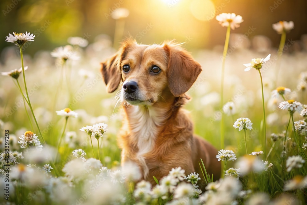 Adorable Brown Dog Amidst White Flowers - Macro Photography Stock Image Adorable Brown Dog Amidst White Flowers - Macro Photography Stock Image