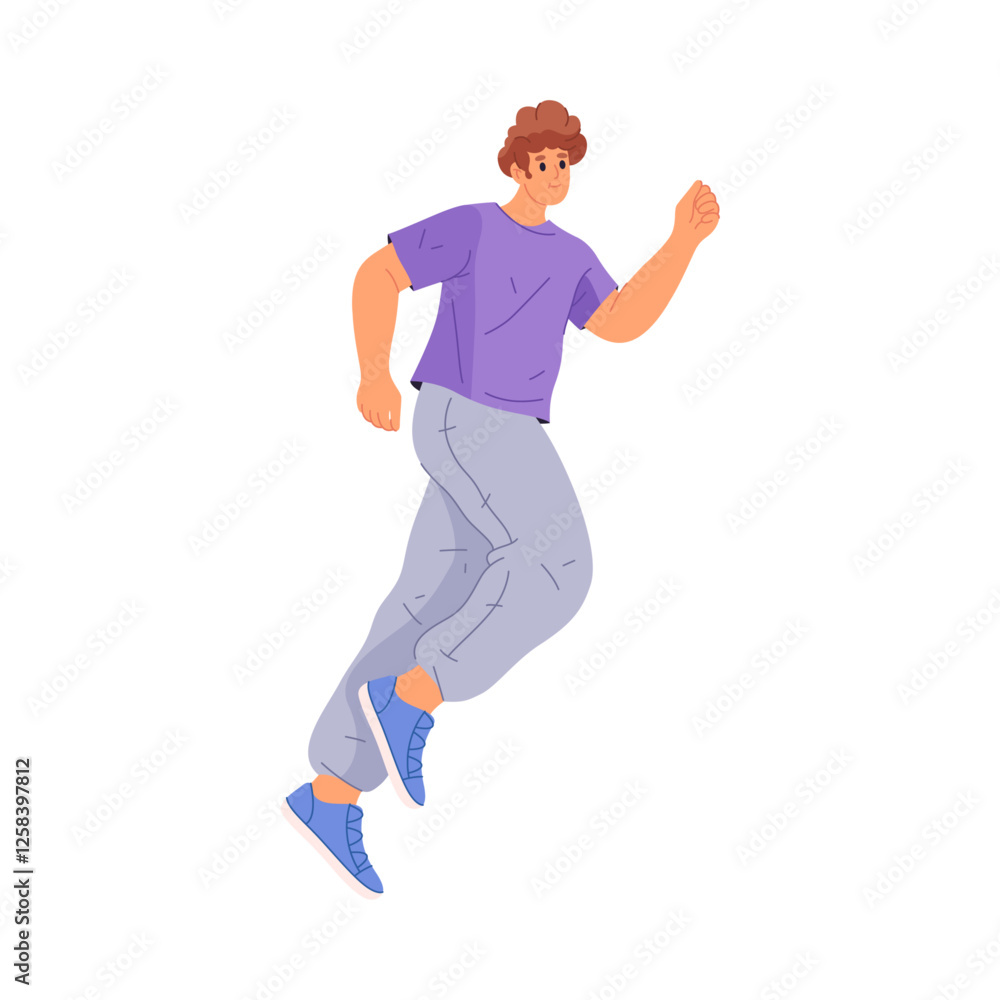 Daily routine of man, isolated male personage in sportswear running. Vector training guy, jogging and doings sports exercises for keeping fit and healthy. Physical activity and lifestyle Daily routine of man, isolated male personage in sportswear running. Vector training guy, jogging and doings sports exercises for keeping fit and healthy. Physical activity and lifestyle