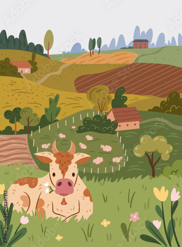 Countryside or rural area, village landscape with hills and meadows, houses and cattle. Cute cow with bell grazing, scene of idyllic nature. Vector illustration in flat cartoon style