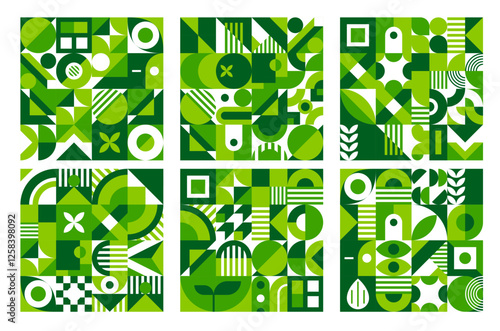Environment ecology modern plate background with geometric shapes and abstract patterns in shades of green, incorporating nature inspired elements, symbolize sustainability and ecological harmony