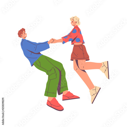 Teenager boyfriend and girlfriend holding hands and turning around. Isolated man and woman, excited friends meeting and moving in round. Flat cartoon character, vector illustration