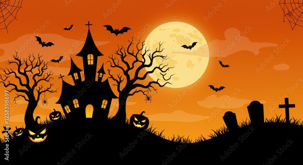 Halloween scene, spooky silhouettes, haunted house, bare tree, jack-o-lanterns, full moon, orange sky, spider web, flying bats, graveyard Halloween scene, spooky silhouettes, haunted house, bare tree, jack-o-lanterns, full moon, orange sky, spider web, flying bats, graveyard