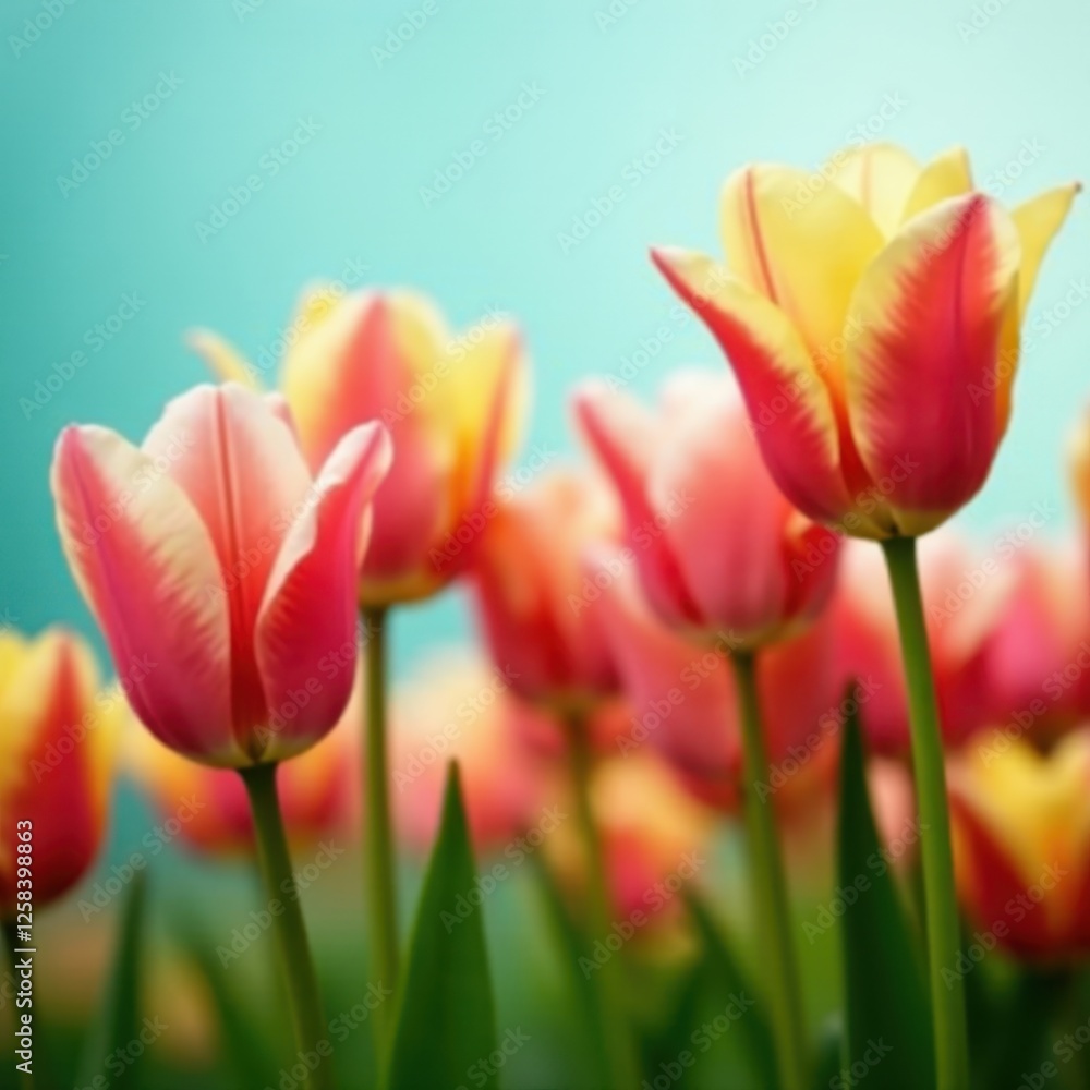 Naklejka premium Vibrant tulips swaying in gentle spring breeze, spring flowers, flowers